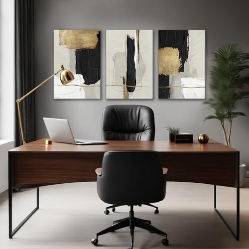 Image of DUWQU Abstract Brushstrokes Canvas Wall Art Black White Gold 16x24 inch x3 | Wooden frame, UV-resistant ink, Giclee printing process, Pre-installed hooks make it easy to hang home or office wall decor