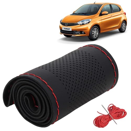 Image of KINGSWAY PU Leatherite Car Steering Cover Sewable Compatible with Tata Tiago (Year 2020 Onwards), Black Color with Red Thread, Pack of 1 with Sewing Needle and Thread
