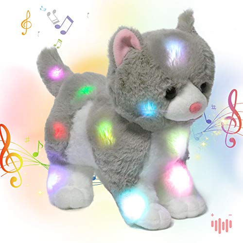 Hopearl LED Musical Stuffed Kitty Light up Singing Plush Cat Adjustable Volume Lullaby Animated Soothe Birthday Gifts for Kids Toddler Girls, Gray, 13.5''