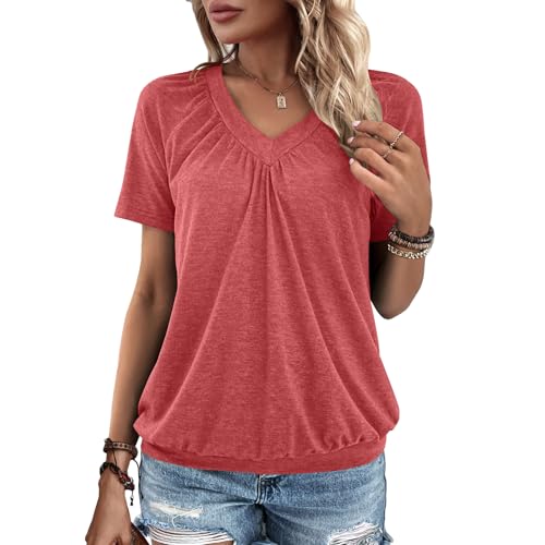 Summer Tops for Women 2025 Shorts Sleeve Womens Tops,V Neck Soft Casual Loose Fit Ruched Top T Shirts Tee Clothes2