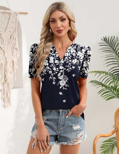 Image of Zeagoo Women Blouses Puff Short Sleeve Tops V Neck Dressy Casual Spring Shirts Boho Floral Cute Clothes 2026