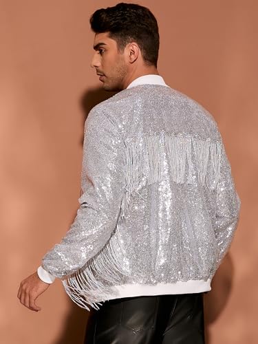 Image of Lars Amadeus Shiny Tassel Jacket for Men's Zipper 70s Disco Sparkly Sequins Baseball Bomber Jackets