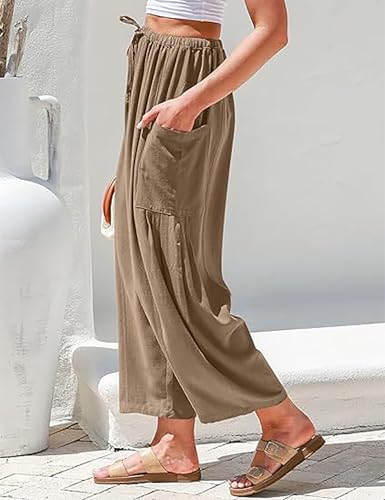 The Happy Wind Linen Pants, Women's Linen Wide Leg Casual Loose Drawstring Beach Palazzo Harem Pants with Pockets4