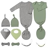Picture of 2PK Ultra Soft Knotted Newborn Sleep Gown for Baby Girls Boy- Coming Home Hospital Outfit with Hat, Bow, Clip & Drool Bib Set