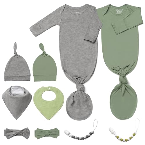 Image of 2PK Ultra Soft Knotted Newborn Sleep Gown for Baby Girls Boy- Coming Home Hospital Outfit with Hat, Bow, Clip & Drool Bib Set