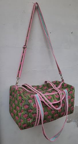 Quilted Cotton Duffle Bag Beautiful Flower Hand Block Printed Bag Handmade Shoulder weekender Travel Luggage Carry Overnight Bag (Design-10)4