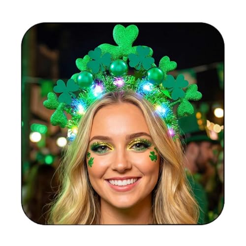 CAKURE Light up St Patrick's Day Headband Green LED Shamrock Headpiece Irish Parade Costume Hair Accessories for Women