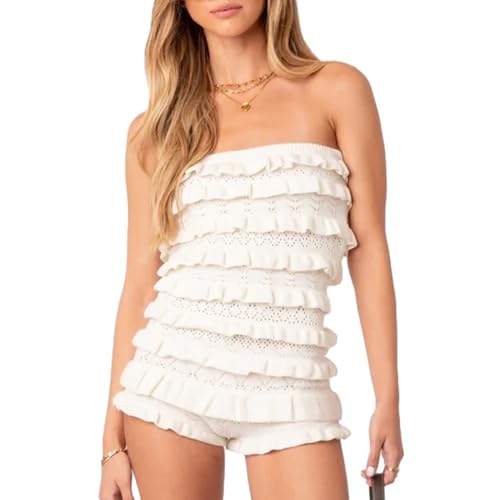 FeMereina Women's Tube Top Jumpsuit Tight Fitted Off Shoulder Sleeveless Hollow Out Layered Ruffle Knitted Shorts Romper Y2K Streetwear (Creamy White, S)