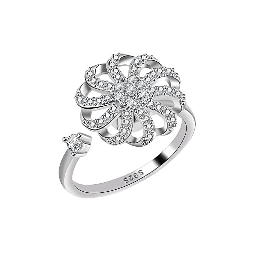 RFEGEF Damenring Silber 925, Vintage Verstellbare Ringe Mode Drehen Zirkon Windrad Blumen S925 Silber Offene Ringe Angst Knöchel Fingerringe Schmuck Geschenk Eheringe Für Damen Cover