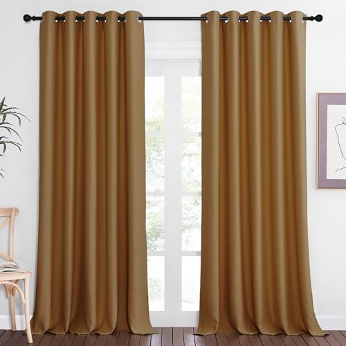 NICETOWN Blackout Curtain Drape for Bedroom - Light Reducing Thermal Insulated Solid Grommet Room Darkening Window Curtain 90 inches Long for Living Room (Gold Brown, 1 Piece, W66 x L90)