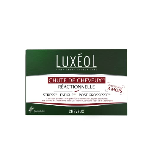 LUXÉOL - Chute De Cheveux Réactionnelle - Aide À Prévenir Chute De Cheveux Passagère - Stress, Fatigue, Post-Grossesse - Capillaire De Montpellier - Fabriqué En France - Programme 3 Mois - 90 Gélules