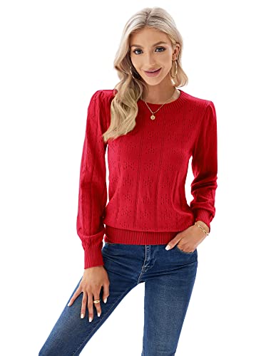 Image of GRACE KARIN Fall Sweaters for Women 2026 Puff Long Sleeve Crewneck Dressy Casual Tops Crochet Hollow Out Cute Pullover Blouse