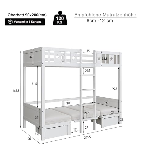 Platzsparendes Etagenbett für Kinder, Hochbett mit Flexibler Tisch und Holzsofa, Kinderbett mit Treppe und 2 Schubladen, 90x200cm Funktionsbett Stockbett Hochbett Jugendhochbett, Weiß, Ohne Matratze