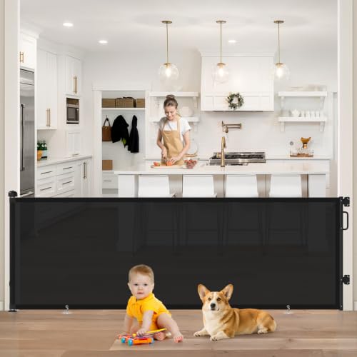 Image of 96 inch Retractable Baby Gate, Long Mesh Dog Gate for Garage Deck Porch | Strong Suction Disc Prevent Crawling Under, 34 inch Tall Child Safety Gate for Large Openings, Indoor Outdoor Use, Black