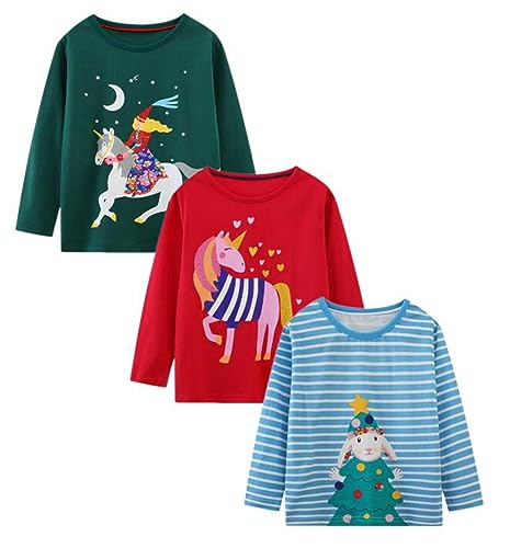 Image of Girl Long Sleeve Shirts Christams Tops Tees Cotton Casual Stripe Crewneck Graphic Jersey Tunic T-Shirts 3 Packs Sets