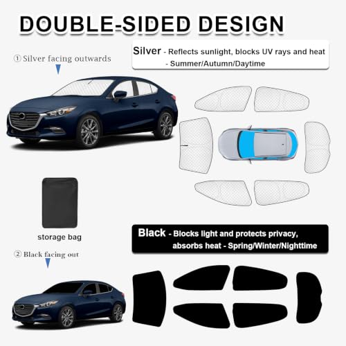Image of KMF 6pcs Thicken Sun Shades for Mazda 3 Hatchback (Not Sedan) 2014-2018 Accessories, Full Windshield Sunshade Car Window Covers for Side Rear, UV Block and Blackout Privacy for Camping