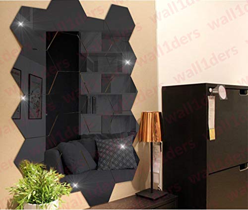 Image of Wall1ders 20 Hexagon with 10 Butterfly Black (Hexagon Size 10 cm x 12 cm) Mirror Stickers for wall, Hexagonal Mirror wall Sticker for Hall Room, Living Room, Bed Room, Kitchen, Home & Offices.