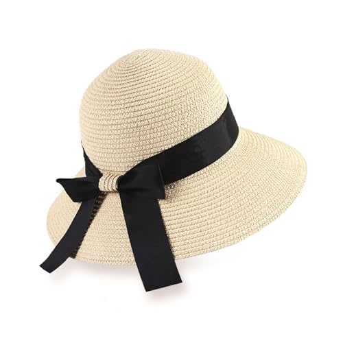 FUIPVGI Chapeau de paille à large bord pour femme - Protection UV - Pliable - Nœud - Chapeau de soleil pour femme - Casquette d'été pour la plage et les activités de plein air, beige, L