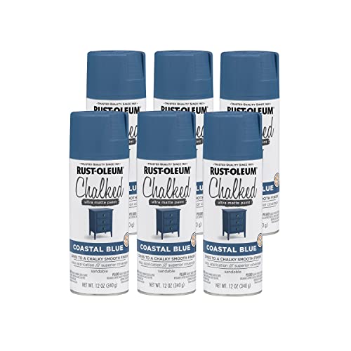 Image of Rust-Oleum Coastal Blue Chalked All-in-One Ultra Matte Spray Paint | One Coat Coverage | No Primer, Sanding, Or Topcoat Needed | Easy Spray Application | Made in USA | 12 OZ | 6 Pack