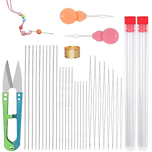 Set di 28 aghi per perline con 20 aghi lunghi e dritti per fili per perline + 8 aghi per perline con cruna grande, aghi da ricamo con bottiglia ad ago, ditale, infila ago per la creazione di gioie