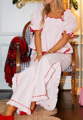 Image of Argeousgor Women Plaid 2 Piece Pajama Set Button Down Puff Sleeve Babydoll Shirt Gingham Pants Pj Lounge Set Sleepwear