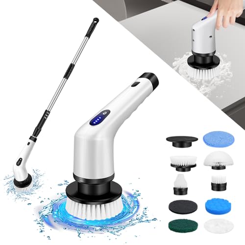 Cordless Cleaning Brush Electric Spin Scrubber Power Spin Scrubber Floor Cleaning Machine with 9 Replaceable Brush Heads and Adjustable Long Handle, 60Mins Work Time