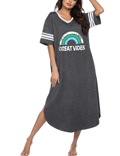 Image of Ekouaer Long Nightgown, Womens V Neck Loungewear Oversized Sleepwear Loose Sleep Dress S-4XL