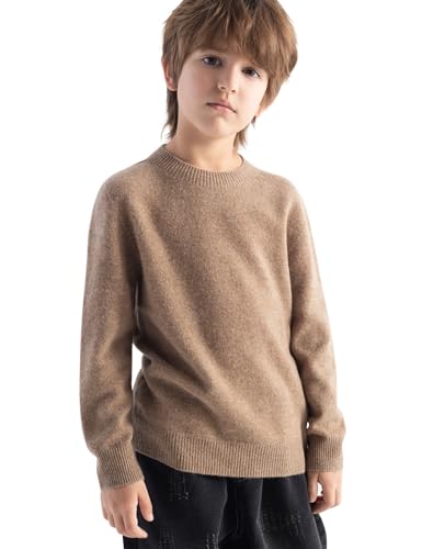 Chanyarn Girls 100% Merino Wool Sweater Fall Winter First-Line Ready to Wear Crewneck Long Sleeve Seamless Knit Sweater, Tan, Large