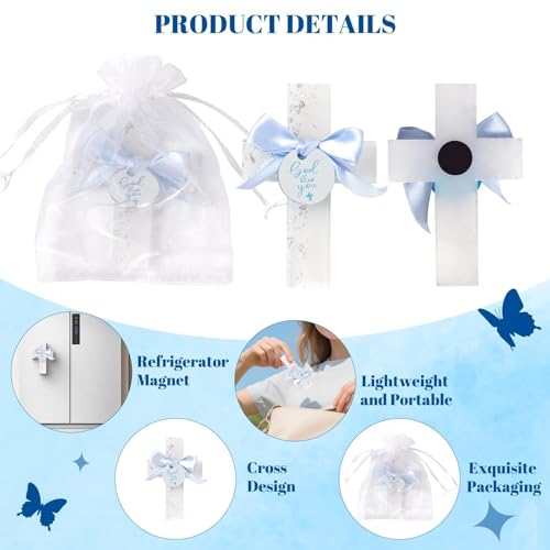 10 Set Baptism Favors for Guests Epoxy Cross Fridge Magnets First Communion Cross with Bag Christian Souvenirs Gift for Baptism Christening Baby Shower Party Family Gathering(Silver and Blue Bow) by PJPSAA - Image 4