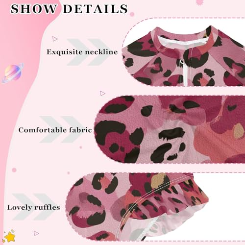 Girls'Swimwear Swimsuit Rash Guard,Wildlife Pink Leopard Print Long Sleeve One Piece Bathing Suits for Kids Toddlers,Quick Dry Swimming Suit Zipper 4T4
