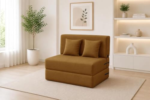 Image of Los Angeles Foldable One Seater Sofa Cum Bed, Sofa Bed 3 X 6 Feet Jute Fabric Washable Cover- Including Two Cushion Perfect for Living Room & Office - Golden Color