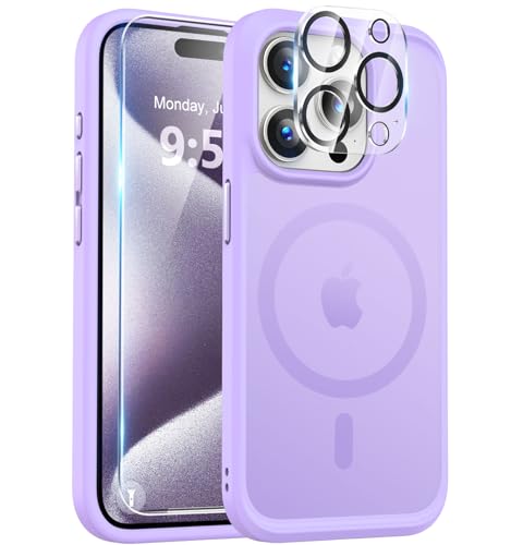 Image of BossKiss Compatible with iPhone 15 Pro Case, [Compatible with Magsafe] [Screen+Camera Protector] Magnetic Translucent Matte Women Men Girl Protective Cover for iPhone 15 Pro 6.1 inch, Light Purple