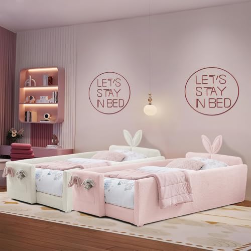 Image of Twin Size Bed Frame for Kids, Upholstered Daybed Frame Floor Bed with Safety Rails and Storage Pocket Cute Rabbit Ear Shaped Headboard for Kids Teens Boys Girls, Pink