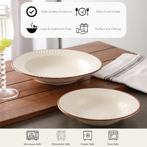 Image of miah decor Off-White Ceramic Pasta Bowls Set of 2 (Large & Medium) with Brown Rim | Stackable, Microwave & Dishwasher Safe | Stoneware Serving Bowls for Pasta, Salad, Soup, Ramen (Style 11)