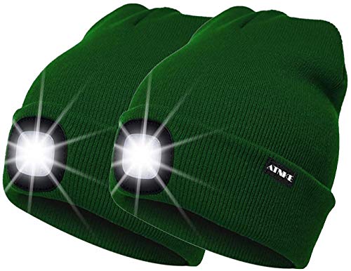 ATNKE 2 Piezas Nueva LED Gorra con luz cálida,Unisex USB Recargable Sombrero para Correr Ultra Brillante 4 LED lámpara de luz Impermeable Multicolor/Green Cover