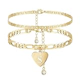 YANODA Initial Ankle Bracelets for Women, Layered Gold Anklets for Women 14k Real Gold Filled Figaro Letter Anklets for women waterproof Summer Jewelry Personalized Gifts for Women S
