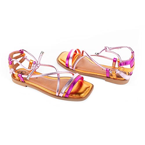 Sandália Rasteira Feminino Tanara Meálico Rosa