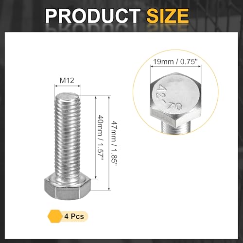 Tornillos M12 de acero inoxidable 304, cabeza hexagonal totalmente roscada, 40mm, 4 uds 2