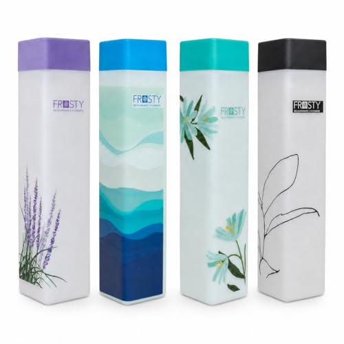Image of Frosty Premium Square Fridge Water Bottle Set of 4, 1 Litre Leakproof BPA Free HDPE Plastic Bottles for Refrigerator, Kitchen, Office & Gym, Stylish Reusable Water Bottles