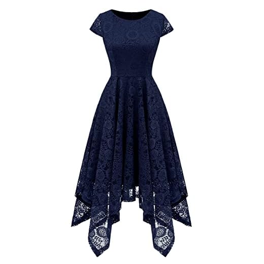 BeryLove Women's Vintage Floral Lace Bridesmaid Dress Boat Neck Handkerchief Hem Cocktail Party Dress BLP7040 Navy S