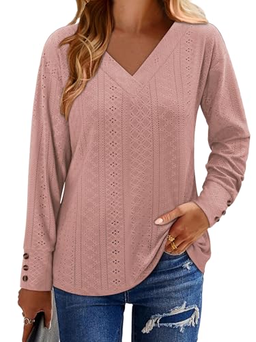 KISSMODA Long Sleeve Fall Shirts For Women V Neck Tunic Tops Embroidered Button Down Knitted Blouses 2025