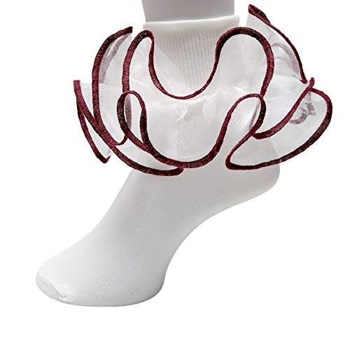 Tip Top Girls Double Ruffle Socks - Big Full Organza with Trim Pageant Fanfare Foldover Ankle Style - 3-6 Year Old (Size 7-8, Ivory w/Burgundy Trim)