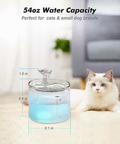 NPET WF100 Cat Foutain, 54oz/1.6L Automatic Pet Water Fountain Dog Water Dispenser with 2 Flow Modes, Bottom Suction LED Light Quiet Pump for for Cats & Small Dogs