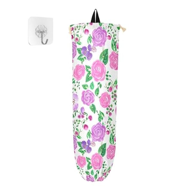 xigua Floral Roses Plastic Bag Holder Wall Mount with Drawstring 1 Pack, Reusable Grocery Bag Organizer Decor for Bags, Socks, Underwear, And Neckties
