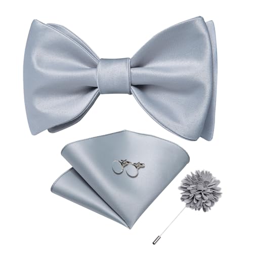 Image of DiBanGu Satin Bow tie Self-Tied Bowtie Set for Men Wedding Prom | Solid Color,Skin-Friendly,Versatile Accessory,Lapel Pin,Pocket Square,Cufflinks,School Dance,Banquet,Dinner,Celebration