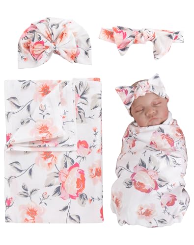 Aori Reborn Doll Clothes Accessories Newborn Receiving Blanket for Newborn Girl Doll with Matching Bow Hat and Bow Headband Swaddle Set for 17-20" Reborn Dolls