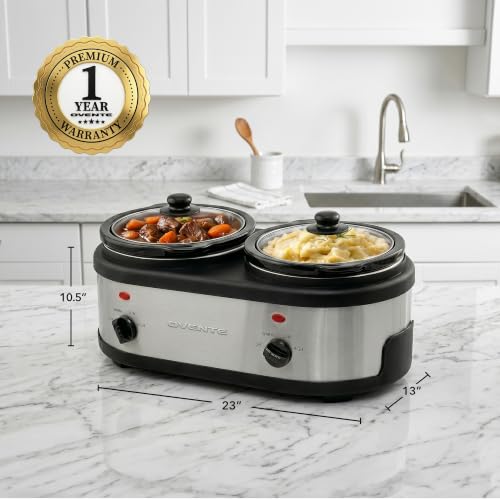 Image of OVENTE Double Slow Cooker, 3Qt Buffet Server, Silver SLO215BR | Dual 1.5Qt Pots, Adjustable Heat Control, Easy to Serve & Clean, Perfect for Entertaining, Space-Saving Design