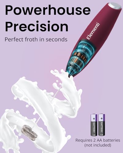 Image of Elementi Milk Frother Wand - Easy to Use Handheld Electric Stirrer for Powder Drinks, Durable & Powerful Coffee Whisk & Protein Powder Mixer Wand, Hand Frother, Coffee Stirrers Electric (Burgundy)