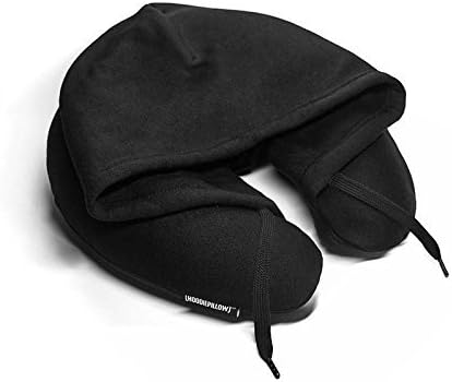Inflatable Neck Pillow for Airplane Travel, Car, Train or Relaxing at Home. Compact, Comfortable for Your Neck and Includes Privacy Hood - Black