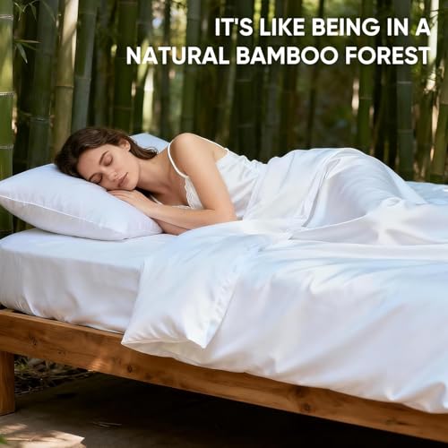Image of TWK Real 100% Viscose Derived from Bamboo Sheets Set Queen Size, Cooling & Silky Soft for Hot Sleeper, Breathable & Moisture Wicking Fabric, 18 inch Deep Pocket with Corner Straps (White, Queen)